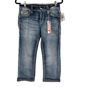 Rock Revival Yara Easy Capri Jeans Light Blue Sequin Fleur De Lis Size 27 NWT